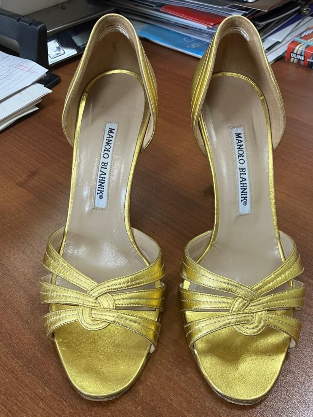 Manolo Blahnik Leather D'Orsey Gold Pump Heels